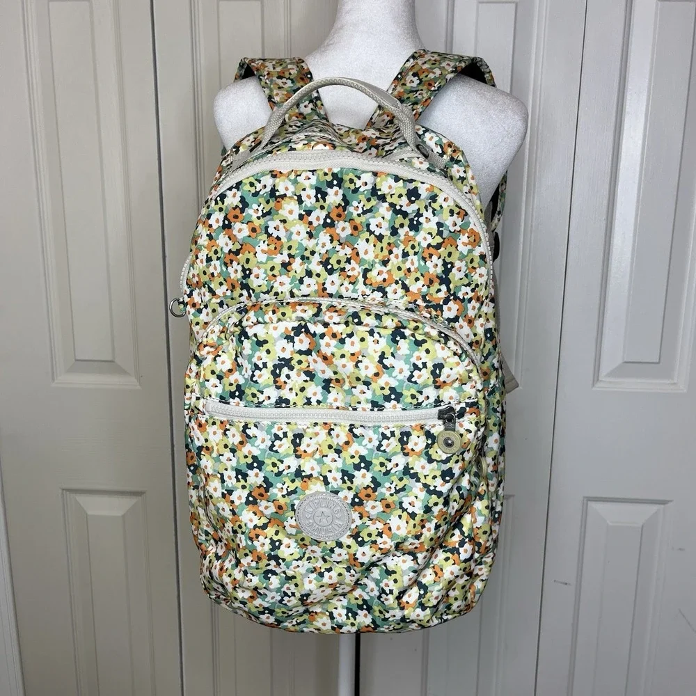 Kipling Laptop Computer Backpack, Fresh Floral Beige Green Orange Commuter Bag